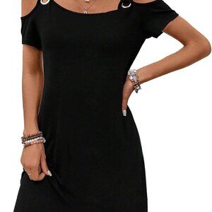 Womens Summer Dress Cold Shoulder Scoop Neck Short Sleeve Spaghetti Strap with P